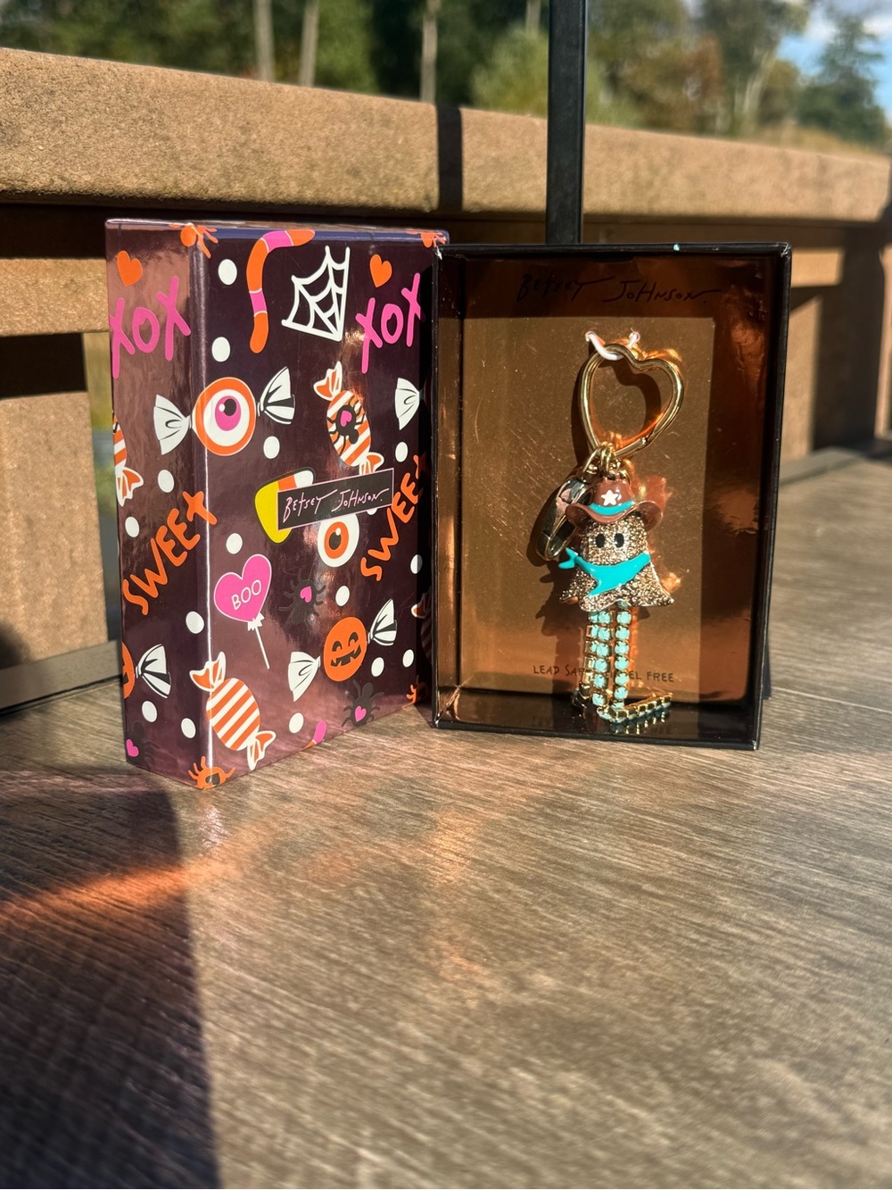 NIB Betsey Johnson Teal & Gold Ghost Western Rhinestone Keychain